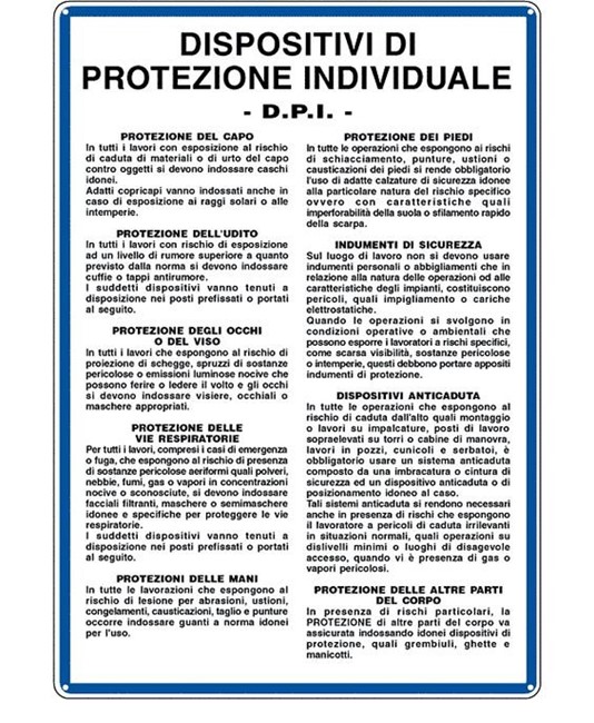 Cartello di norme e istruzioni 'dispositivo di protezione individuale DPI'