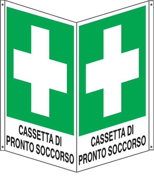 Cartello bifacciale con simbolo 'cassetta di pronto soccorso'