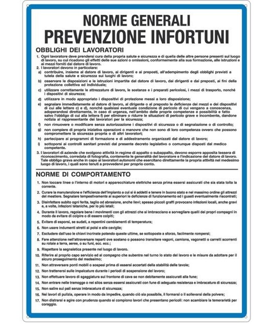 Cartello 'norme generali prevenzione infortuni'