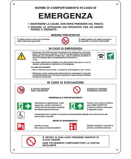 Cartello 'norme di comportamento in caso di emergenza'