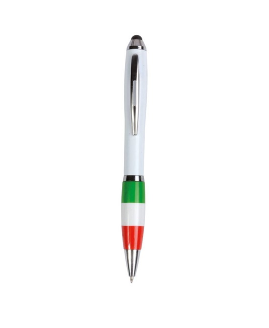 Penna twist in plastica con fusto bianco, impugnatura tricolore e gommino per touch screen