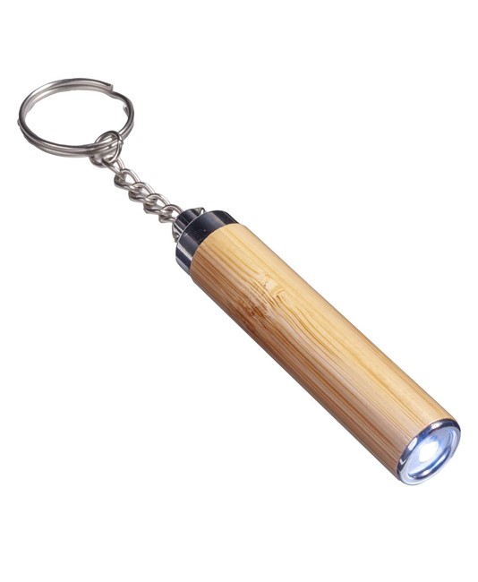 Torcia  LED in bamboo con anello portachiavi, 3 batterie LR41 incluse